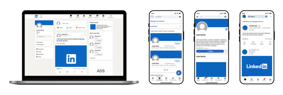 LinkedIn desktop and mobile UI design mockup &mdash; professional network feed, profile, and post interface comparison