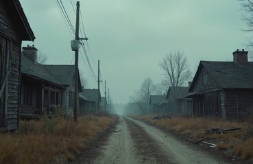 Dilapidated wooden houses line a deserted dirt road under a grey sky. Overgrown weeds and fallen branches surround the empty structures, creating an eerie, abandoned atmosphere.