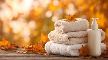 Stack of soft towels and a lotion dispenser rest on wood with autumn foliage background