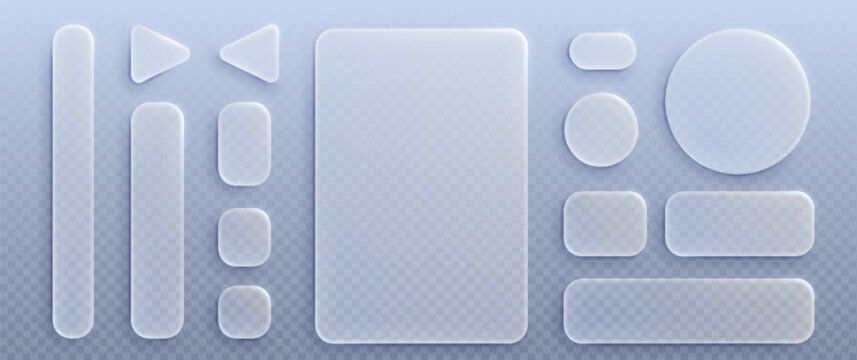 Liquid glass ui design elements set isolated on transparent background. Vector realistic illustration of rectangle, round, triangle shape windows and buttons, computer app interface, game icons