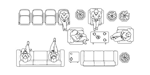 CAD Drawings. Top down view of diverse people sitting in a waiting area isolated on white background. Vector illustration.