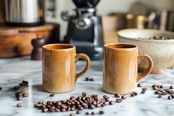 Ceramic coffee mugs arranged on a marble counter beside vintage coffee brewing equipment and scattered beans