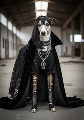 Dog in gothic costume with black cape and chains