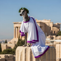 Dog in ancient Greek toga with laurel wreath