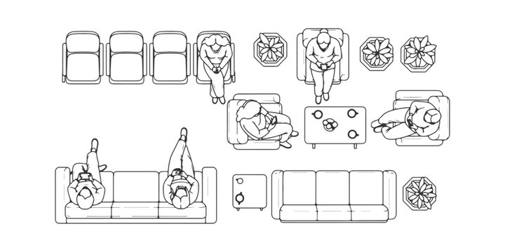 CAD Drawings. Top down view of diverse people sitting in a waiting area isolated on white background. Vector illustration.