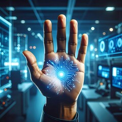 A human hand overlaid with AI-generated glowing circuit patterns
