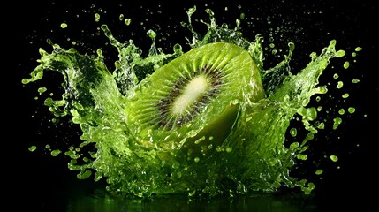 Obraz premium Freshly sliced fruit immerses dramatically within vibrant green liquid splashes