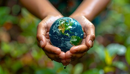 a hand holding a water drop earth