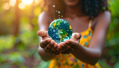a hand holding a water drop earth