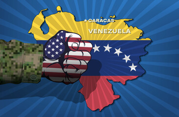 Vector political banner. Military powerful clenched male fist in colors of national flag of United States of America hangs over map of Bolivarian Republic of Venezuela. Hit