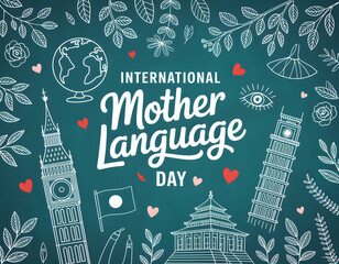 minimalist chalkboard design for language celebration with hand-drawn elements symbolizing unity and heritage