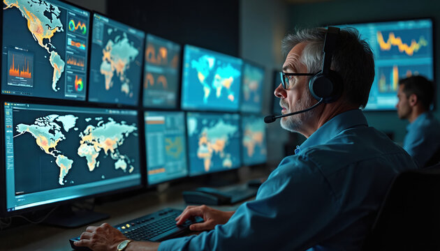 Man with headset monitors data on computer screens. He works in a control room analyzing charts and maps. Another person is sitting nearby. Disaster management tech concept.