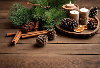 Rustic wooden table with handmade Christmas decorations, pine cones, and cinnamon sticks