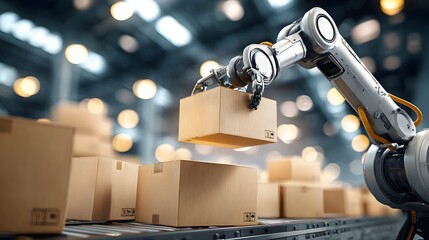 Industrial robotic arm precisely handles a cardboard package on an automated production line