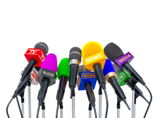Press Conference Microphones: An array of vibrant microphones, each representing a different media outlet, stand ready, symbolizing the power of communication and the immediacy of news.