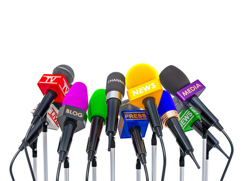 Press Conference Microphones: An array of vibrant microphones, each representing a different media outlet, stand ready, symbolizing the power of communication and the immediacy of news.