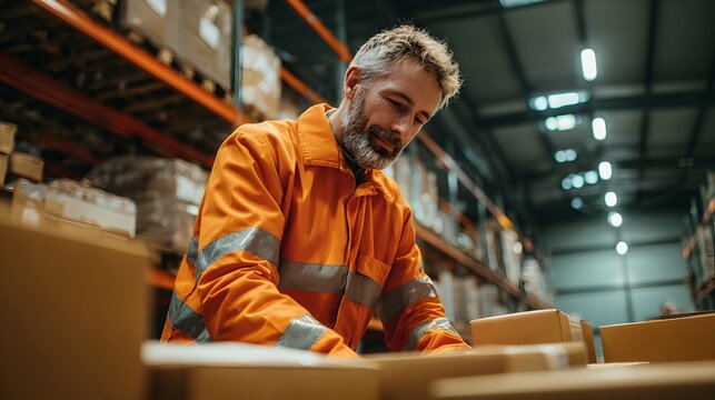 Warehouse worker wearing high visibility attire organizes parcels in a distribution center