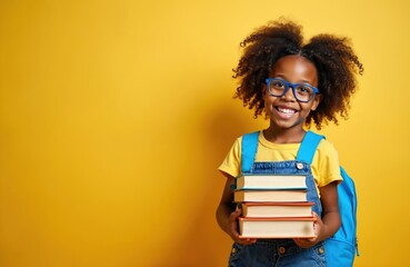 Smiling african american schoolgirl with glasses holds stack of books. Young pupil carries backpack ready for school. Happy child studies with joy on bright yellow background.
