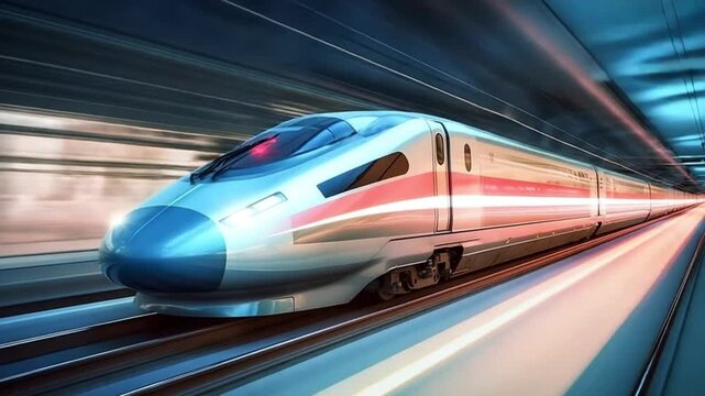 Highspeed train speeding through a tunnel with motion blur effect at night