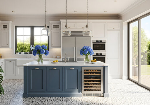 UntiClassic Modern Kitchen Interior with Navy Blue Island, Wine Cooler, Farmhouse Sink, and Garden Viewtled design - 9