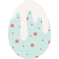 A light blue Easter egg decorated with pink polka dots and topped with white icing dripping down the sides for a festive holiday celebration