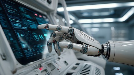 Robotic appendage interacts with a futuristic holographic control panel displaying intricate data