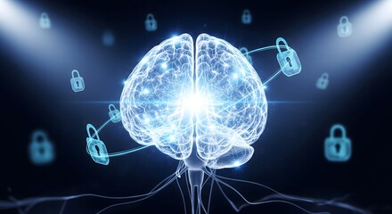Conceptual illustration of a glowing human brain connected to digital padlocks, symbolizing security, intelligence, and data protection in a technological context.