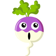 A kawaii purple and white turnip with green leaves and wide surprised eyes and open mouth on a transparent background