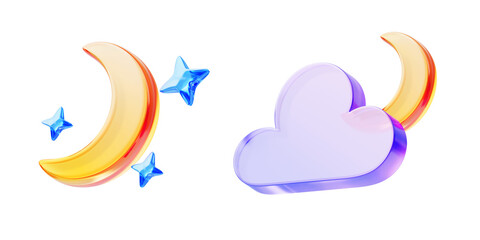 Weather forecast 3d render icon set. Yellow crescent with blue crystal stars, bright moon shining behind of glass holographic cloud. Clear night sky elements for app or ui design