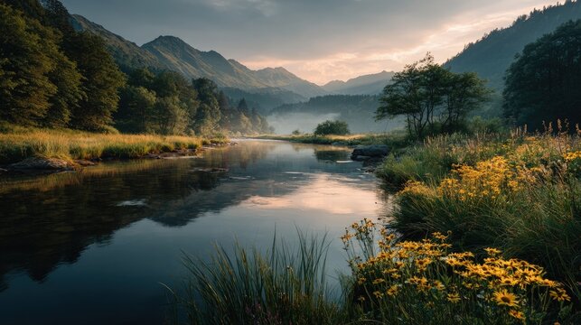 Serene River Landscape with golden sunrise misty mountains lush greenery calm waters vibrant wildflowers ethereal light perfect