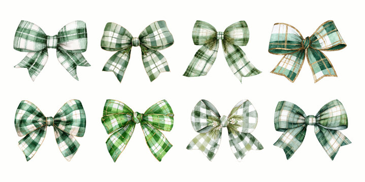 Set of vintage Christmas bows. Green bows in retro checkered pattern and with gold trim. Retro Christmas decor elements and decorations. Aesthetic Christmas bows on isolated background.