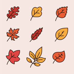 Colorful Autumn Leaves Flat Icon Set