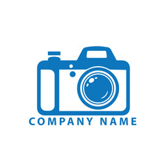 Simple blue silhouette camera icon logo template with lens detail and placeholder text on a white background.