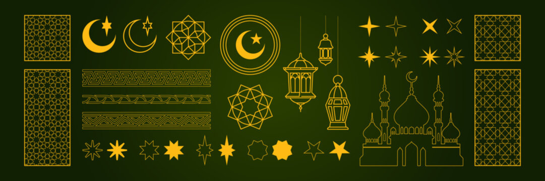 Islamic Ramadan ornament set with golden arch elements, crescent moon and stars symbols, geometric patterns and mosque, lanterns and for celebration. Traditional arabesque border with intricate design