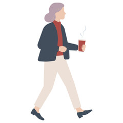 コーヒー片手に歩く上品な年配女性のフラットイラスト