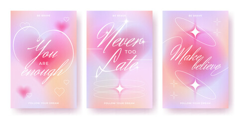 Plakat Y2k gradient poster backgrounds with typography and dreamy pastel blurs. Soft pink and purple colors in modern aesthetic style. Heart icons, sparkle elements and inspirational phrases for social media