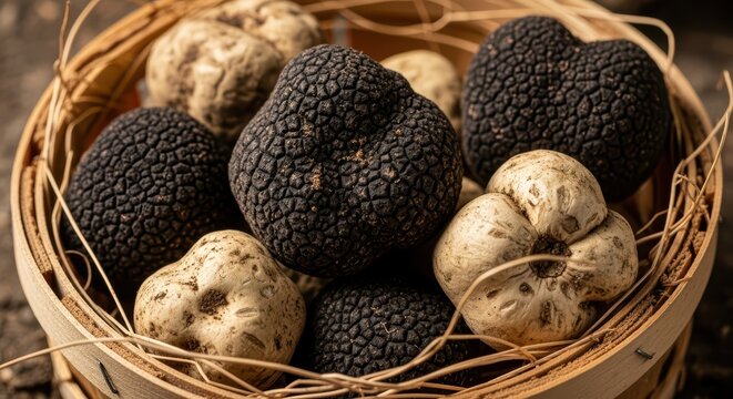 Basket of black and white truffles on rustic wooden surface