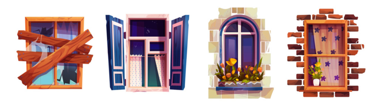Illustrated window shutter designs with wooden planks, open shutters with wardrobe, arched stone frame with flowers and brick wall opening. Colorful interiors for building facades or game backgrounds.
