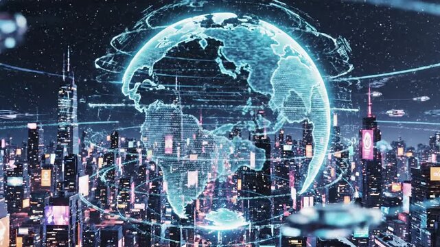 A glowing digital globe with data points above a futuristic cityscape, featuring light streaks and abstract technological elements. 47005910 1