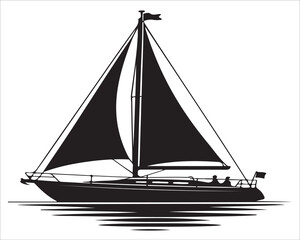 Elegant black and white silhouette of a sailing yacht on calm water with detailed sails and reflection, symbolizing adventure, freedom, and tranquility in a nautical vector illustration style
