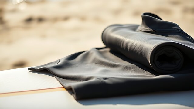 rashguard. Rolled-up rashguard resting on a surfboard at the beach in sunlight. event key visuals, club posters, designed for fitness apps and gym onboarding, used by fitness trainers.