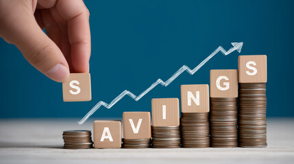 Hand placing coin on growing savings stack