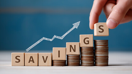 Hand placing a coin to build savings growth stack