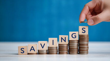 Hand placing a coin on growing savings stack