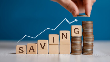 Hand placing a coin to build savings growth stack