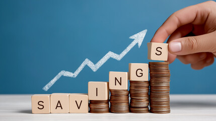 Hand placing a coin on a growing stack of savings