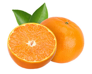Orange fruit with leaves and half isolated, transparent PNG, cut out