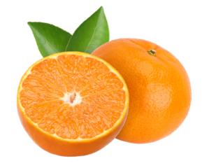 Orange fruit with leaves and half isolated, transparent PNG, cut out