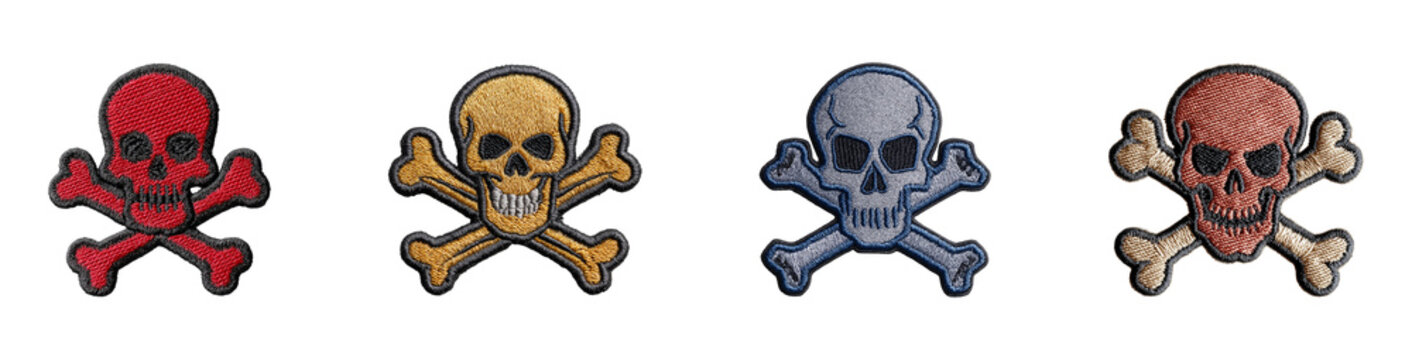 Set of skull and crossbones embroidery patch pirate danger warning icon isolated on transparent background, png