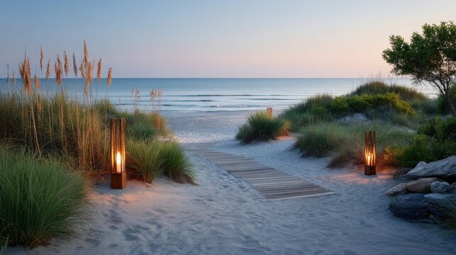 Tranquil beach pathway illuminated by tiki torches at dusk with gentle ocean waves and soft twilight sky - Powered by Adobe